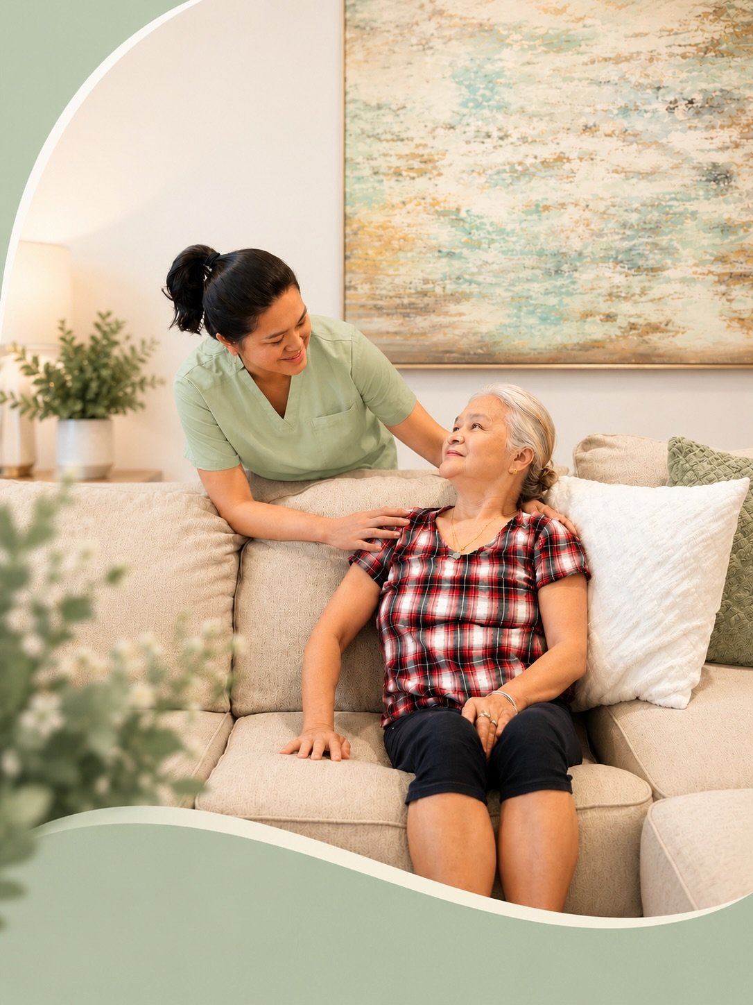 Leneia nurse comforting an older client during an in-home visit
