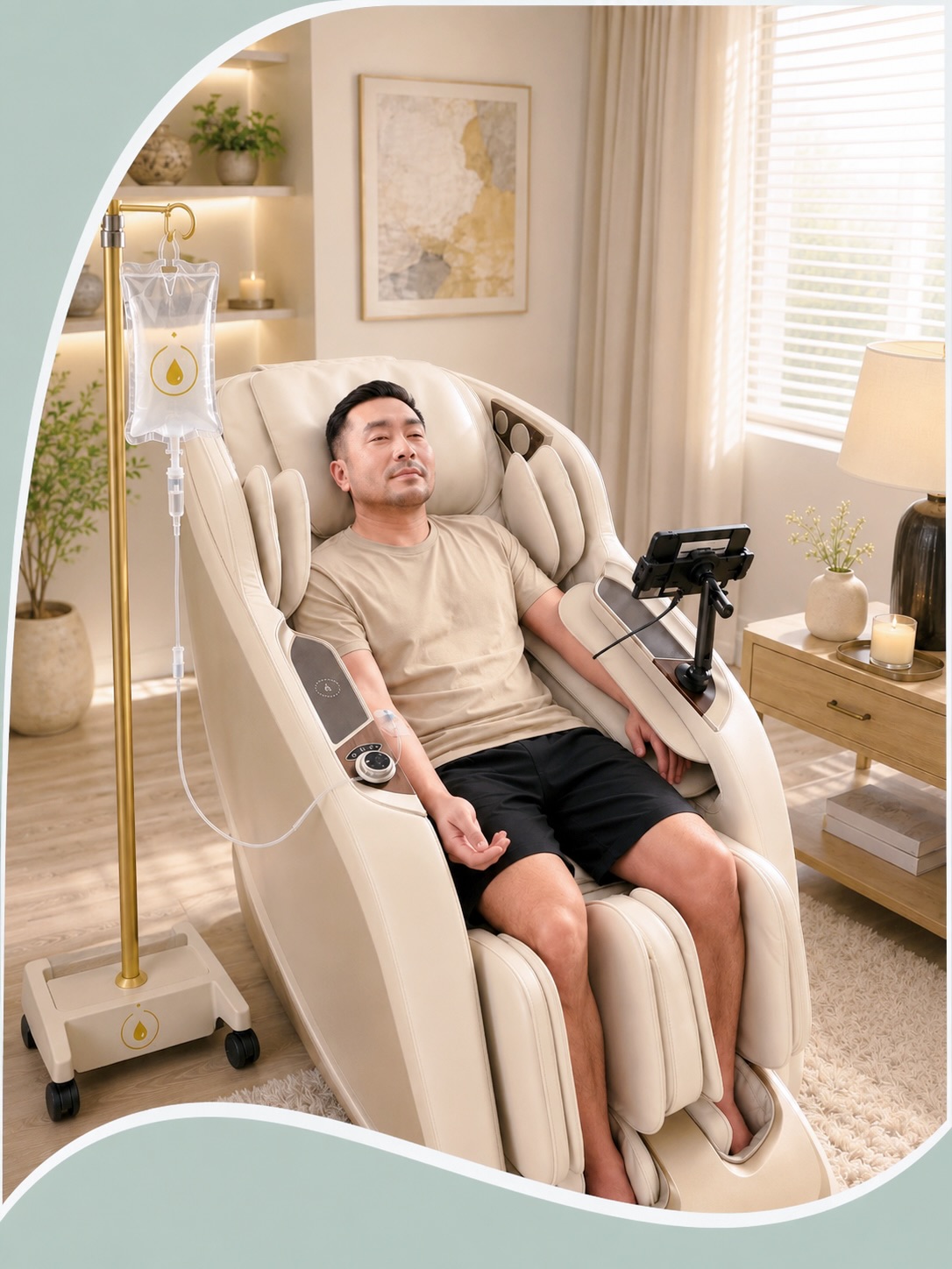 Man relaxing at home in a massage chair while receiving mobile IV hydration therapy from Leneia Hydration & Aesthetics