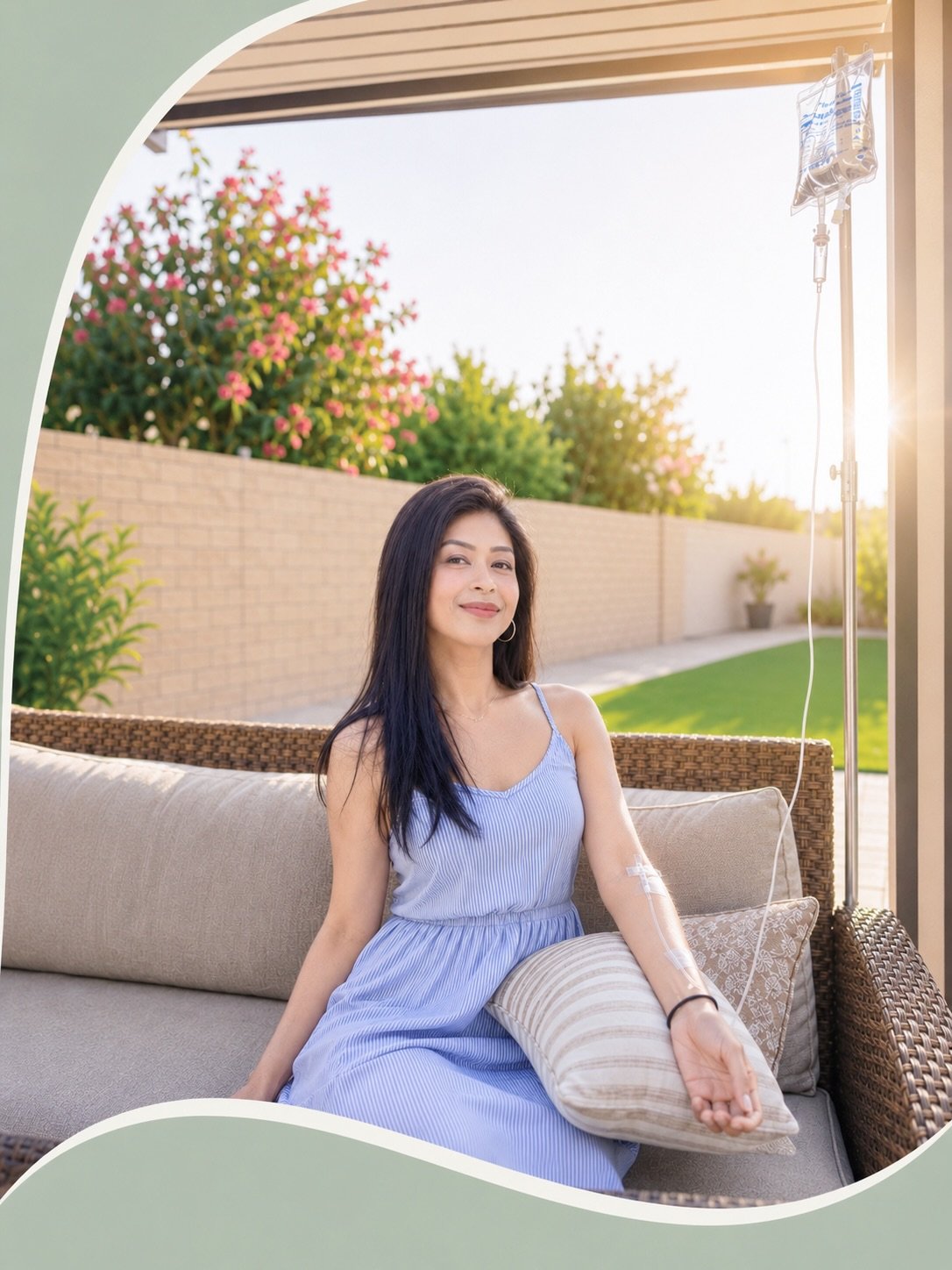 Woman relaxing on a patio while receiving mobile IV hydration therapy from Leneia Hydration & Aesthetics